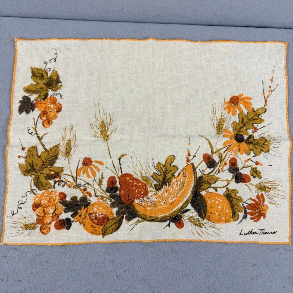 Luther Travis Signed 7pc Fall Harvest Linen Set 4 Placemats 3 Napkins